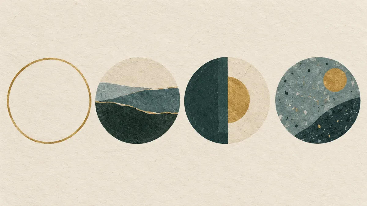 Eine abstrakte Kreisform geht von einer leeren Kontur in unterschiedliche geometrische Muster über.