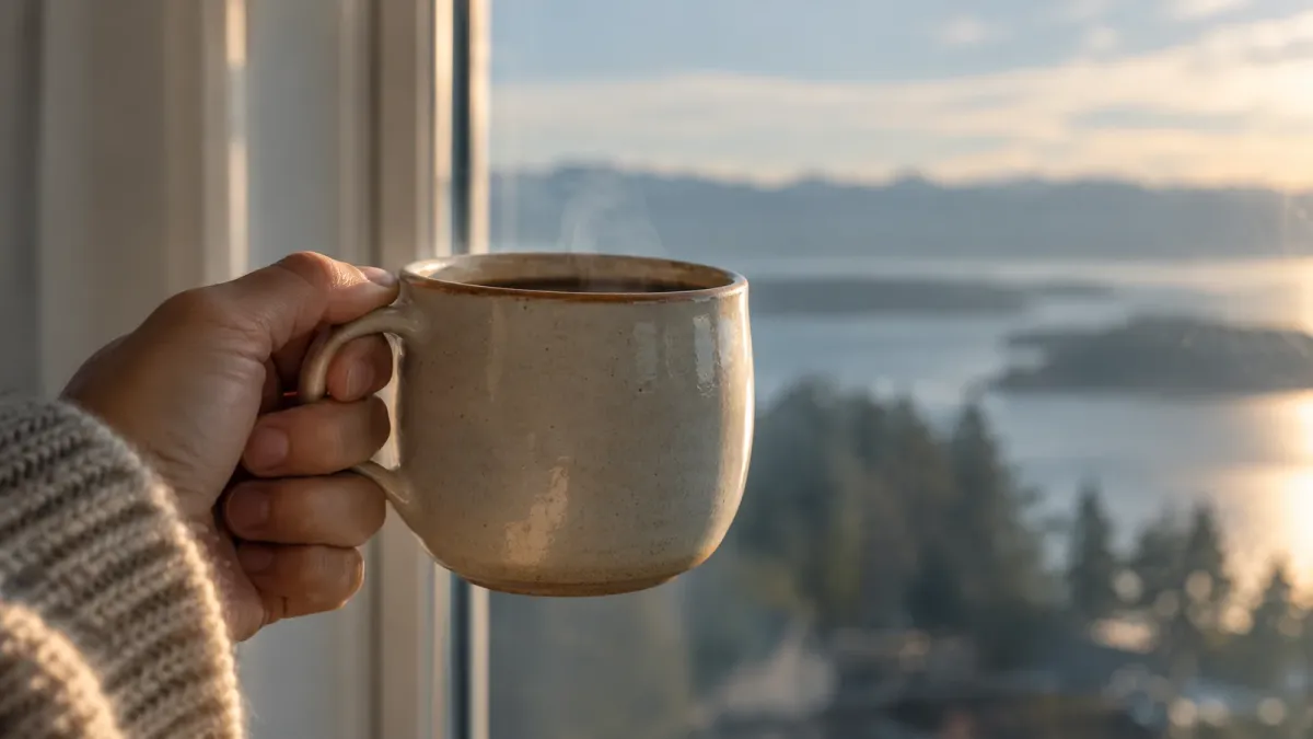 Eine Hand hält eine warme Tasse im weichen Morgenlicht vor einem unscharfen Fenster.