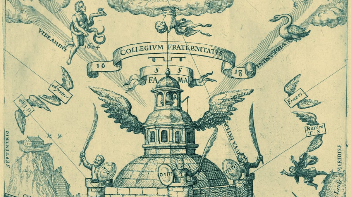 Kupferstich einer Kuppel mit Flügeln und Banner „Collegium Fraternitatis“, umgeben von Symbolfiguren, blaugrün getönt.