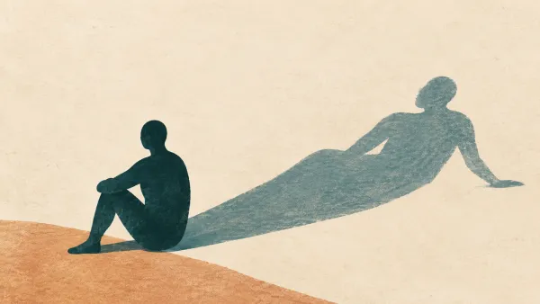 Eine stilisierte menschliche Silhouette wirft einen langen Schatten mit einem leicht veränderten Umriss.
