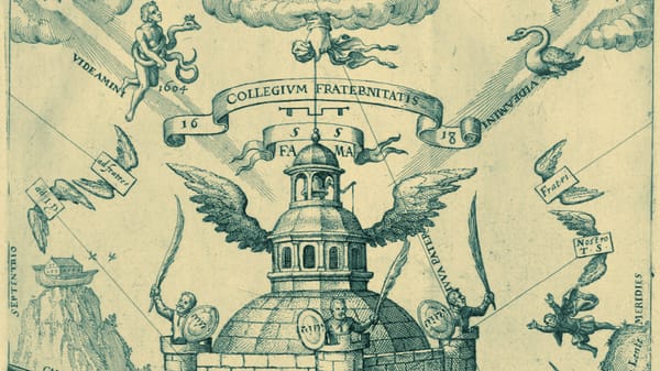 Kupferstich einer Kuppel mit Flügeln und Banner „Collegium Fraternitatis“, umgeben von Symbolfiguren, blaugrün getönt.